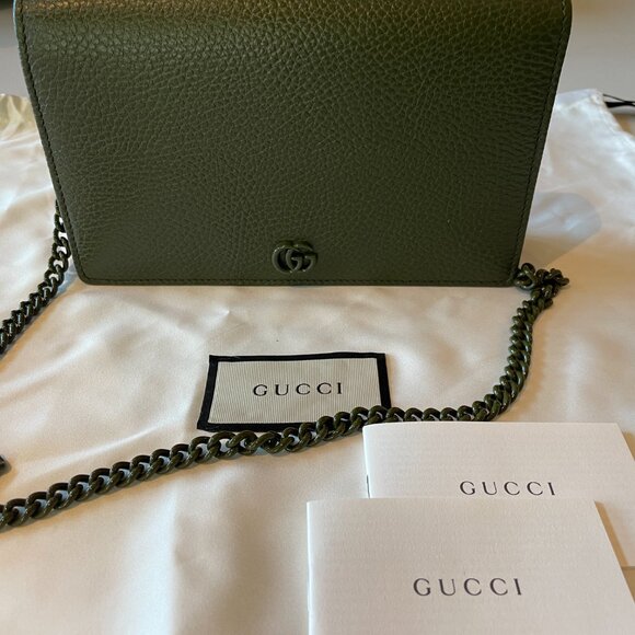 GUCCI Calfskin Enamel Monochrome Mini GG Marmont Chain Wallet Military Wood - Picture 5 of 7